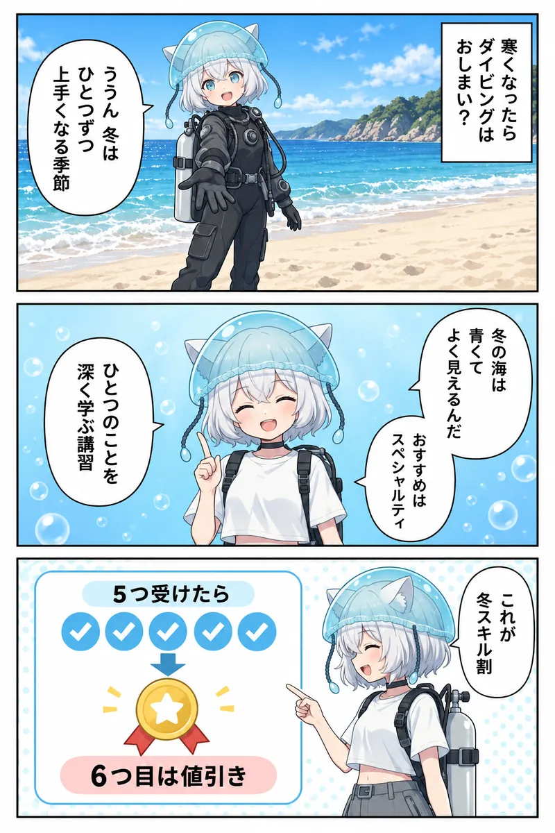 まんが1ページ目。冬の晴れた浜辺に、ドライスーツを着たクララ。「寒くなったら、ダイビングはおしまい？」という問いに「ううん、冬はひとつずつ上手くなる季節」。人差し指を立てて「冬の海は青くて、よく見えるんだ」「おすすめはスペシャルティ」「ひとつのことを深く学ぶ講習」。図を指さして「これが冬スキル割」。図は、チェックの付いた丸が5つ、矢印の先に星の金メダルで、「5つ受けたら」「6つ目は値引き」と書いてある。