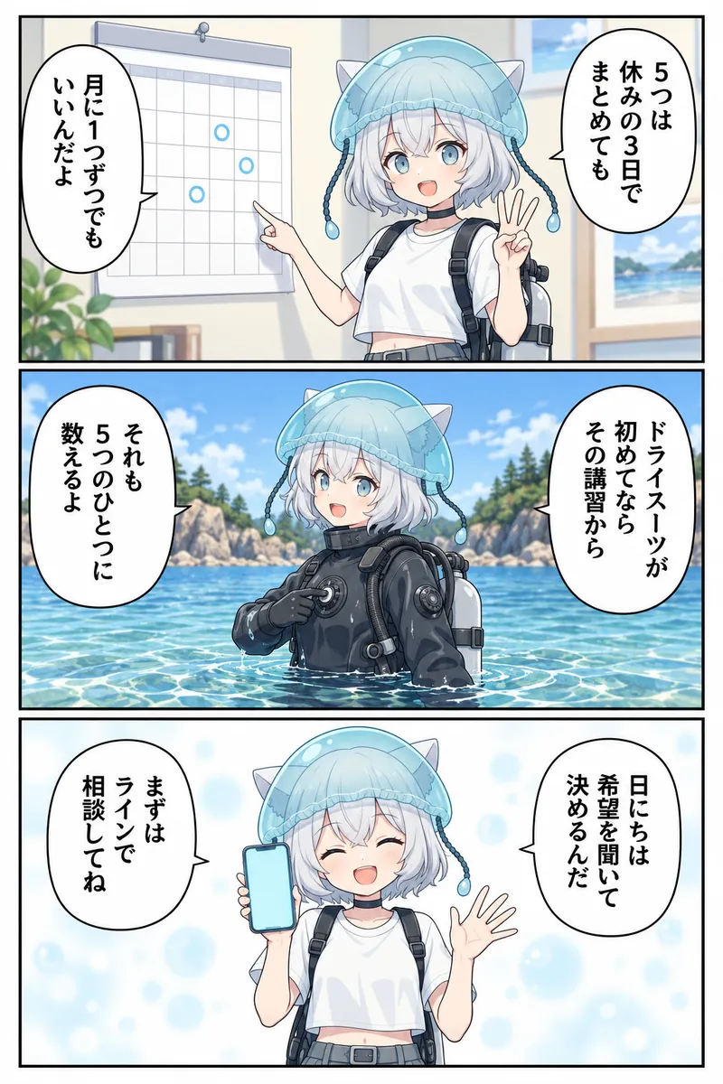 まんが2ページ目。カレンダーを指さし、指を3本立てたクララが「5つは、休みの3日でまとめても」「月に1つずつでもいいんだよ」。ドライスーツで腰まで海に入り、胸のボタンを押しながら「ドライスーツが初めてなら、その講習から」「それも5つのひとつに数えるよ」。スマホを持って手を振り「日にちは、希望を聞いて決めるんだ」「まずはラインで相談してね」。