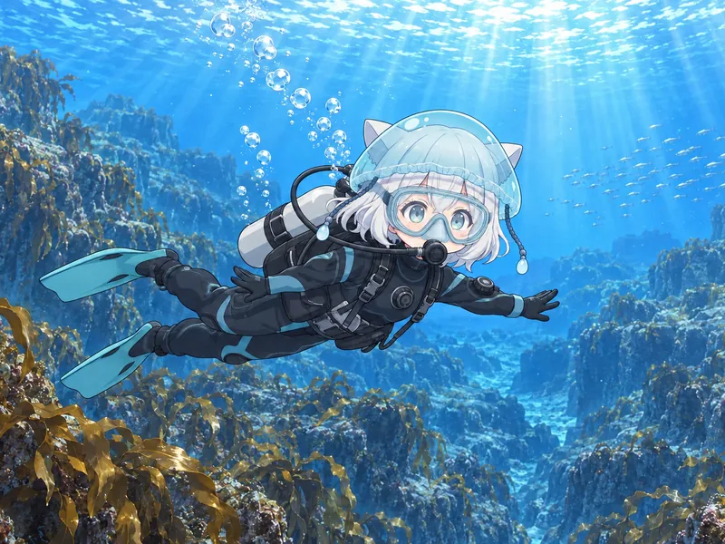イラスト：遠くの海藻の岩場まで見える、とても透明な青い海をクララが泳ぐ
