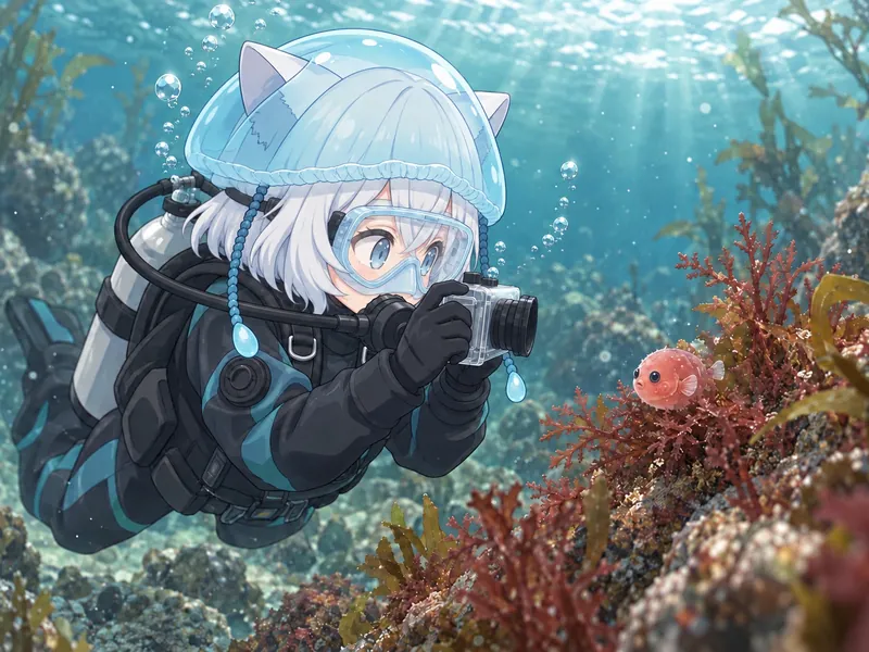 イラスト：赤い海藻のそばの小さな丸い魚ダンゴウオを、クララが水中カメラで撮ろうとしている