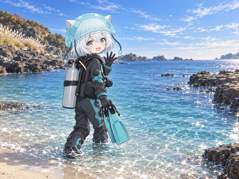 イラスト：秋の澄んだ空の下、ドライスーツを着てフィンを持ったクララが岩場の浜から海に入り、振り返って手を振る