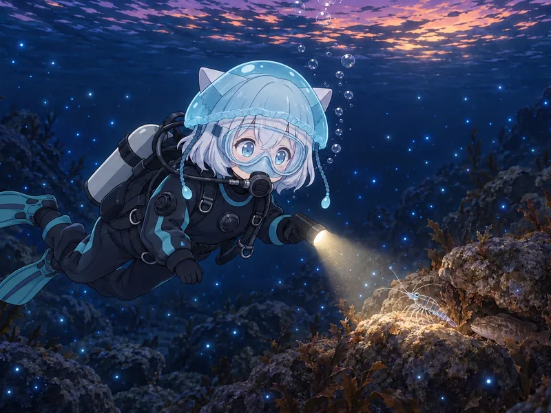 イラスト：夕暮れの色が水面に残る暗い海の中で、クララが水中ライトで岩の上の小さなエビを照らす