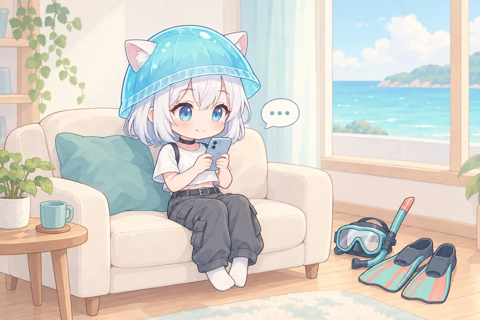 家のソファで、スマホを見ながら考えている、クラゲ帽子の女の子のイラスト