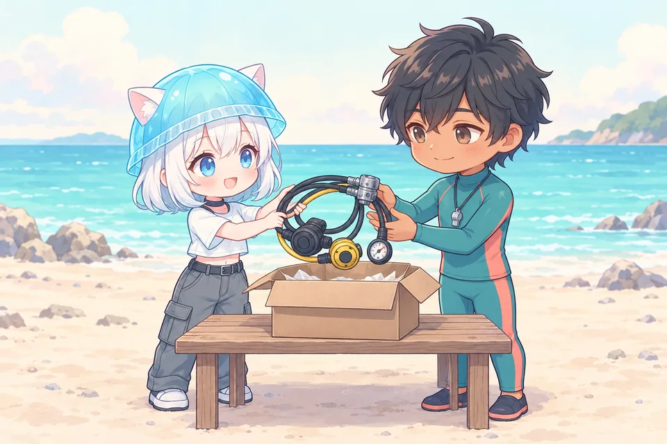 インストラクターが、レギュレーターを受け取って、箱に入れようとしているイラスト