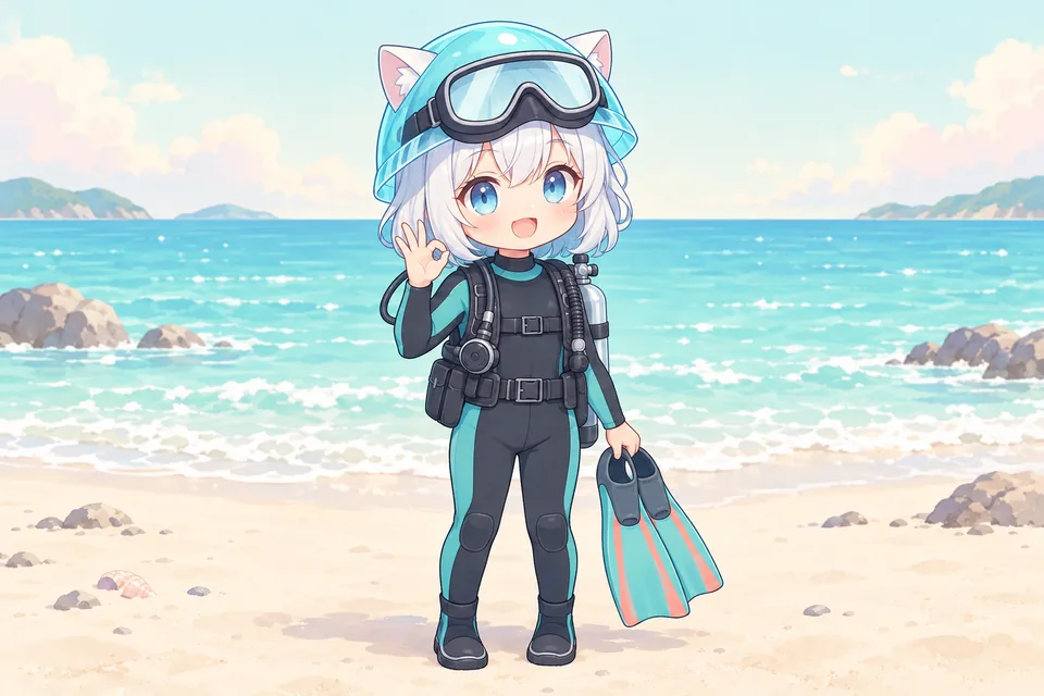 レンタルの器材を身につけて、海辺でOKサインをする、クラゲ帽子の女の子のイラスト