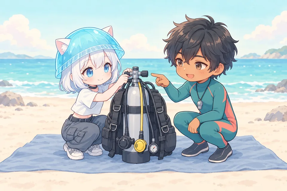 2人でしゃがんで、タンクにBCDとレギュレーターを取り付けているイラスト