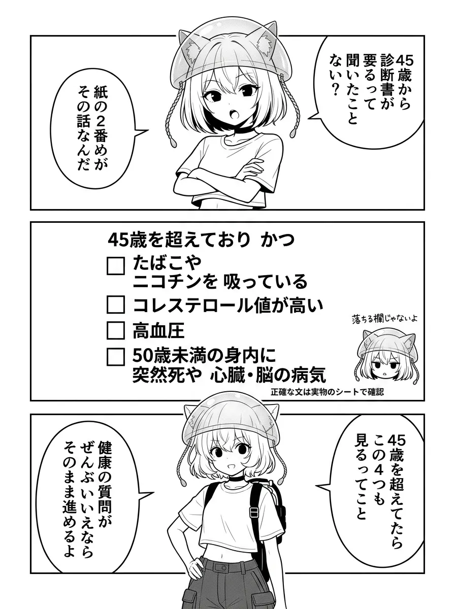 チェックシートの図解。「45歳を超えており かつ」に続く4項目は、喫煙・コレステロール値・高血圧・50歳未満の身内の突然死や心臓や脳の病気。全部いいえならそのまま進める
