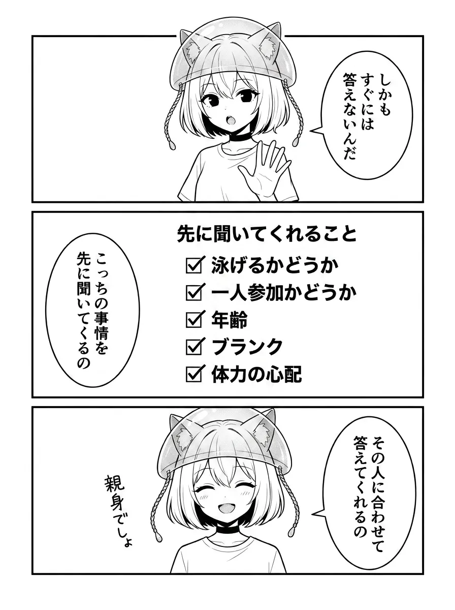 しかも、すぐには答えないんだ。図解「先に聞いてくれること」：泳げるかどうか・一人参加かどうか・年齢・ブランク・体力の心配。こっちの事情を先に聞いてくるの。その人に合わせて答えてくれるの