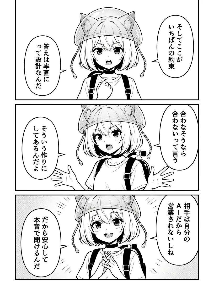 そしてここがいちばんの約束。答えは率直に、って設計なんだ。合わなそうなら合わないって言う。相手は自分のAIだから営業されないしね。だから安心して本音で聞けるんだ