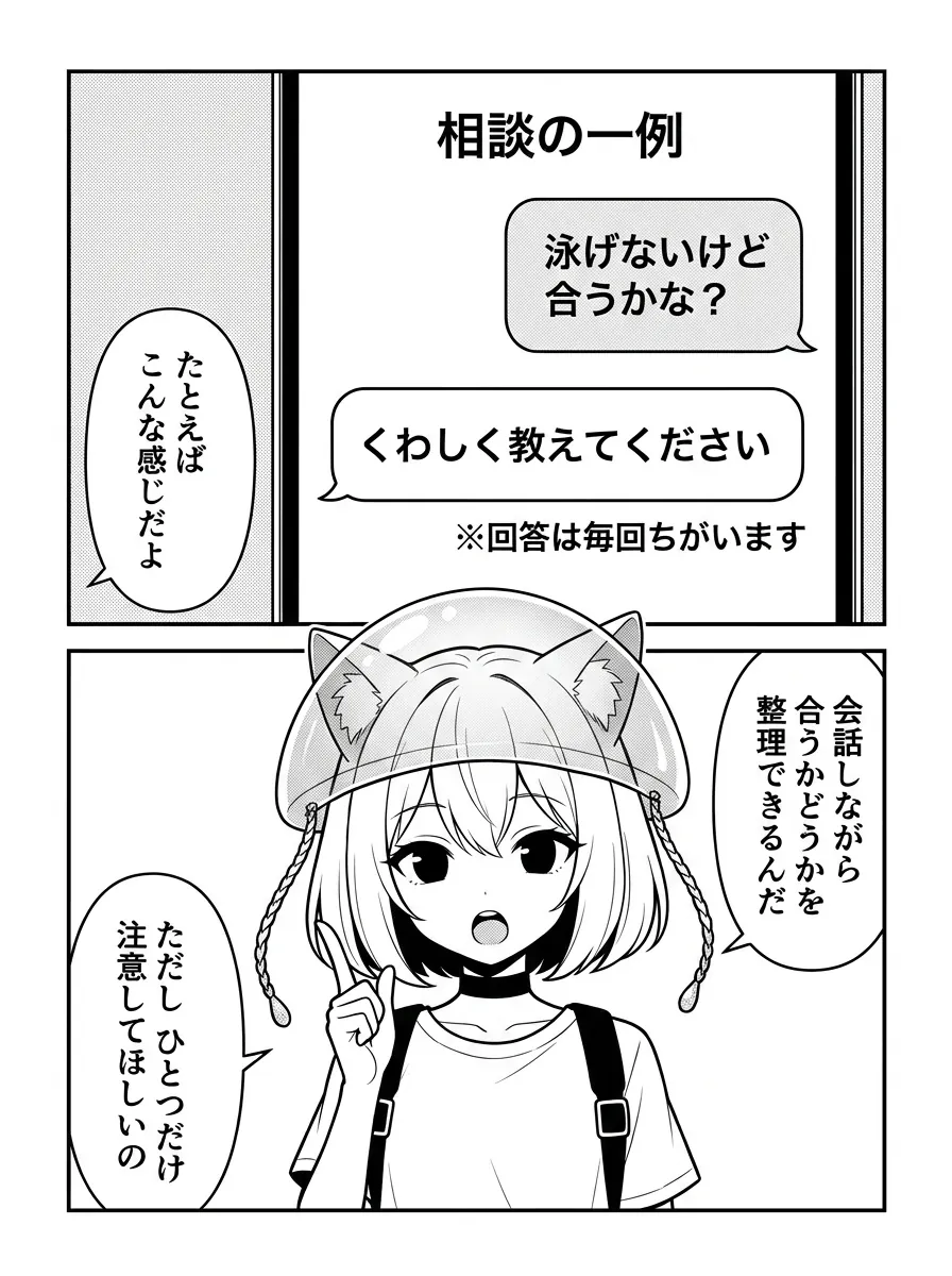 図解「相談の一例」：泳げないけど合うかな？→くわしく教えてください（※回答は毎回ちがいます）。たとえばこんな感じだよ。会話しながら合うかどうかを整理できるんだ。ただし、ひとつだけ注意してほしいの