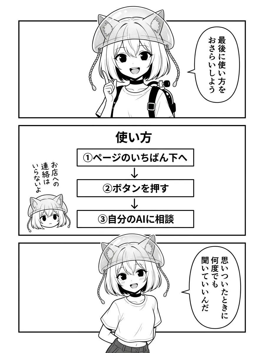 使い方のおさらい。図解「使い方」：①ページのいちばん下へ②ボタンを押す③自分のAIに相談。お店への連絡はいらないよ。思いついたときに何度でも聞いていいんだ