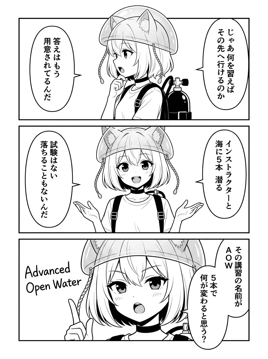 AOWは試験ではなく、インストラクターと5本潜って幅を広げるコースだと説明する場面