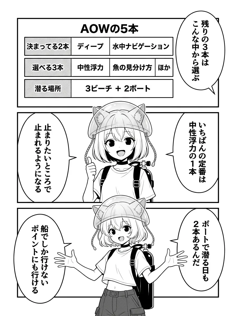 残り3本は自分で選べる。定番は中性浮力。5本の内訳は3ビーチ＋2ボート