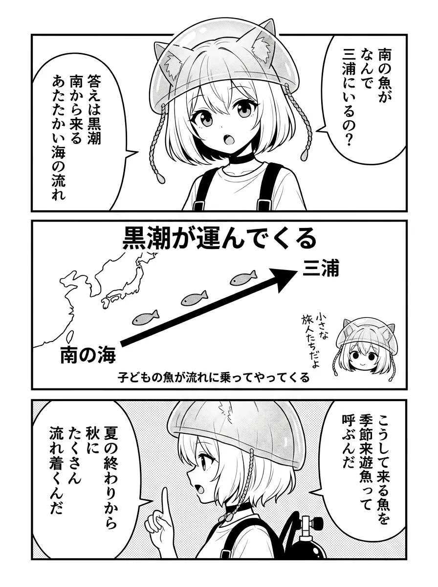 南の魚がなんで三浦にいるの？ 答えは黒潮、南から来るあたたかい海の流れ。図解は南の海から三浦へ向かう矢印「黒潮が運んでくる」——子どもの魚が流れに乗ってやってくる。こうして来る魚を季節来遊魚って呼ぶ。夏の終わりから秋にたくさん流れ着く