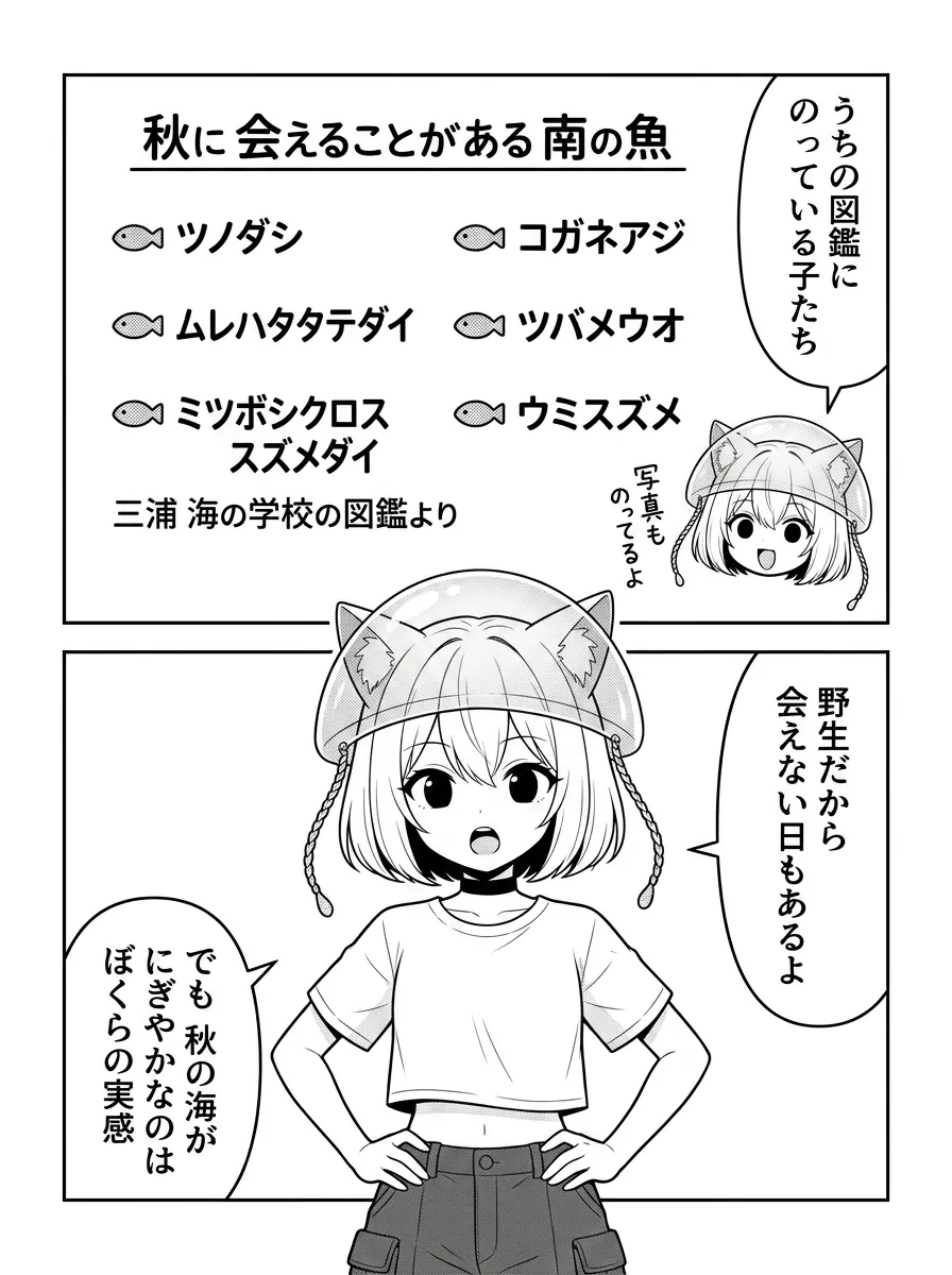 図解は「秋に会えることがある南の魚」：ツノダシ・ムレハタタテダイ・ミツボシクロスズメダイ・コガネアジ・ツバメウオ・ウミスズメ（三浦 海の学校の図鑑より）。野生だから会えない日もあるよ。でも秋の海がにぎやかなのは、ぼくらの実感