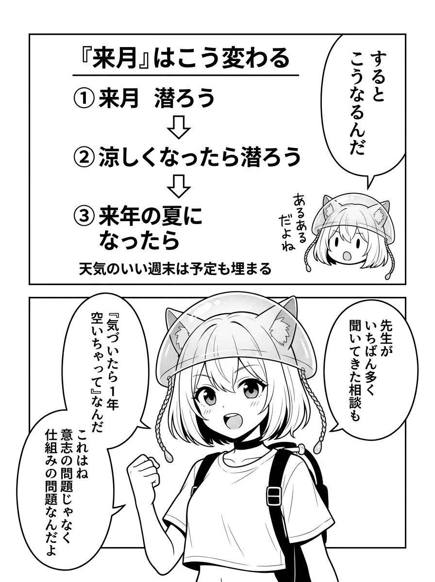 図解「『来月』はこう変わる」——来月潜ろう→涼しくなったら潜ろう→来年の夏になったら。天気のいい週末は予定も埋まる。先生がいちばん多く聞いてきた相談も『気づいたら1年空いちゃって』。これは意志の問題じゃなく仕組みの問題なんだよ