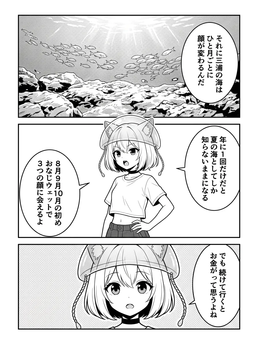 三浦の海はひと月ごとに顔が変わる。年に1回だけだと夏の海としてしか知らないままになる。8月・9月・10月の初め、同じウェットで3つの顔に会える。でも、続けて行くとお金が、って思うよね