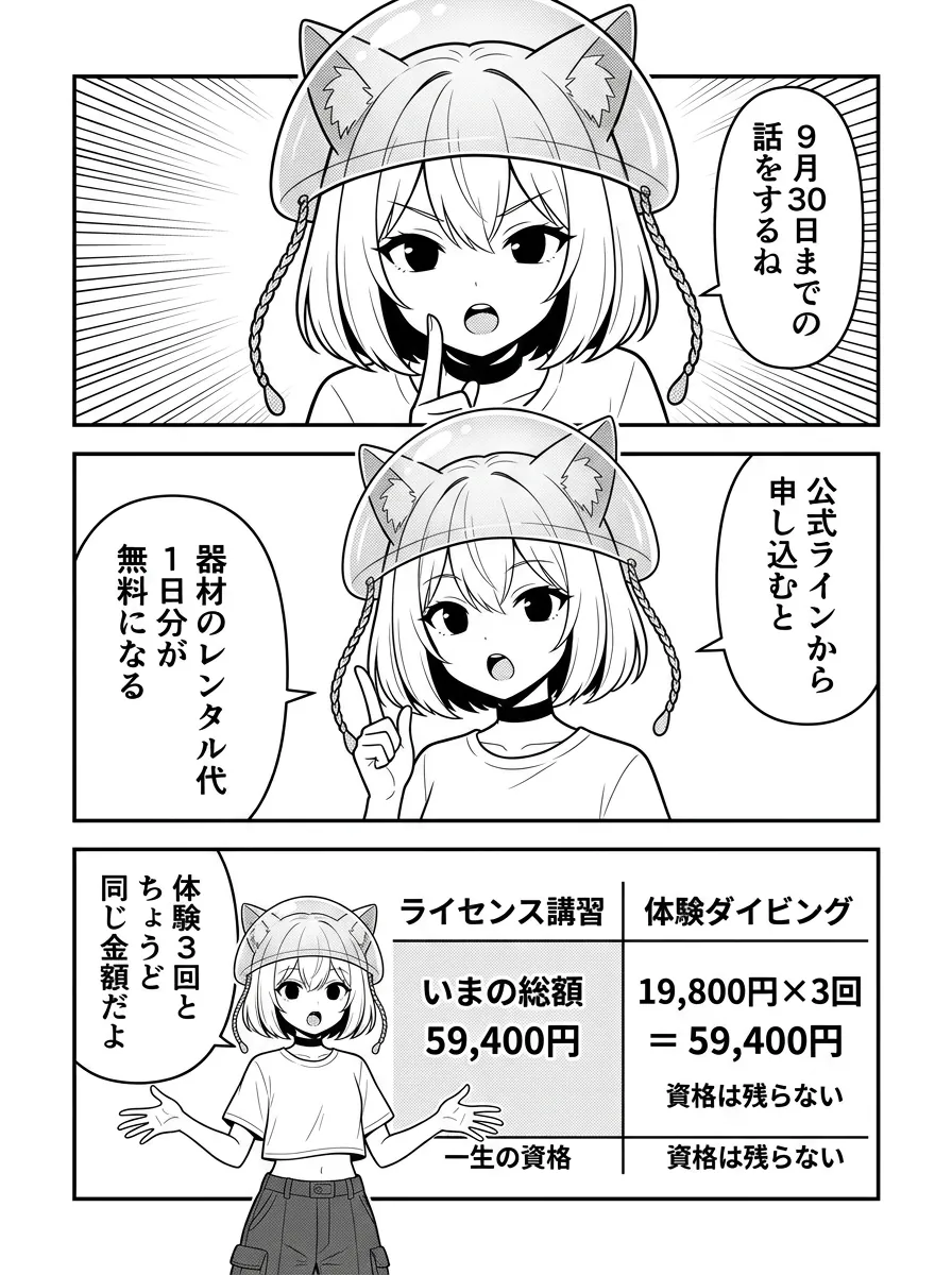9月30日までのLINE特典で器材レンタル1日分が無料になり、総額59,400円。体験ダイビング3回とちょうど同じ金額という比較表