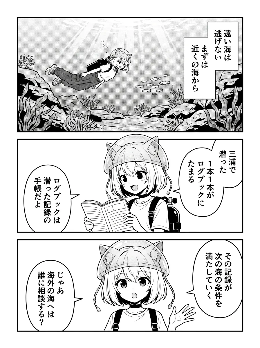 遠い海は逃げない、まずは近くの海から。三浦の海を泳ぐクララ。三浦で潜った1本1本がログブック（潜った記録の手帳）にたまり、その記録が次の海の条件を満たしていく。じゃあ海外の海へは、誰に相談する？