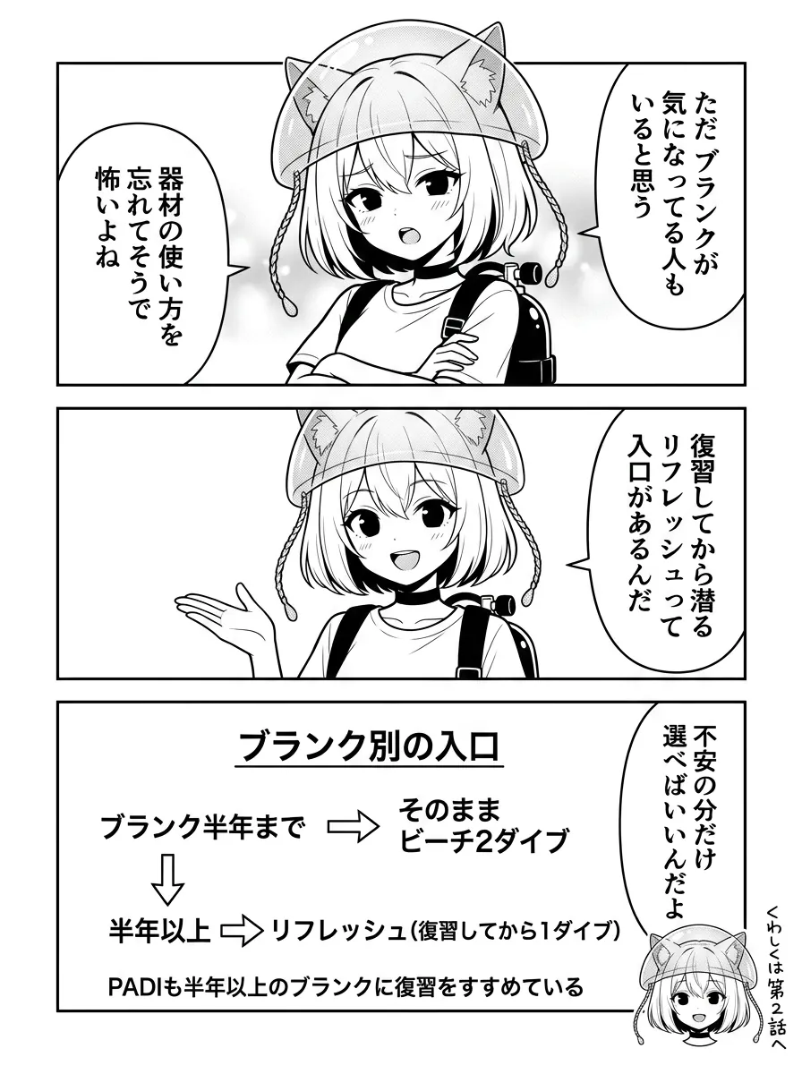 ブランク半年まではそのままビーチ2ダイブ、半年以上ならリフレッシュから。PADIも半年以上のブランクに復習をすすめている