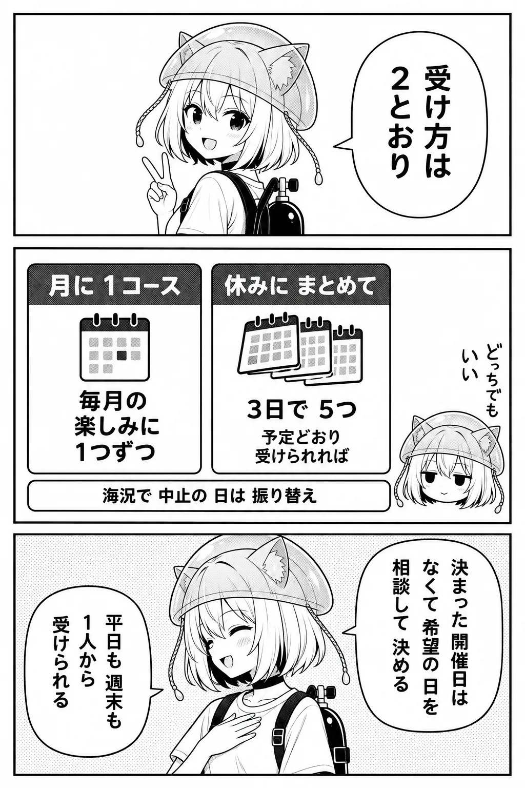 受け方は2とおり。図解：休みにまとめて3日で5つ（予定どおり受けられれば）、月に1コースで毎月の楽しみに1つずつ。どちらも海況で中止の日は振り替え。決まった開催日はなくて、希望の日を相談して決める。平日も週末も1人から受けられる