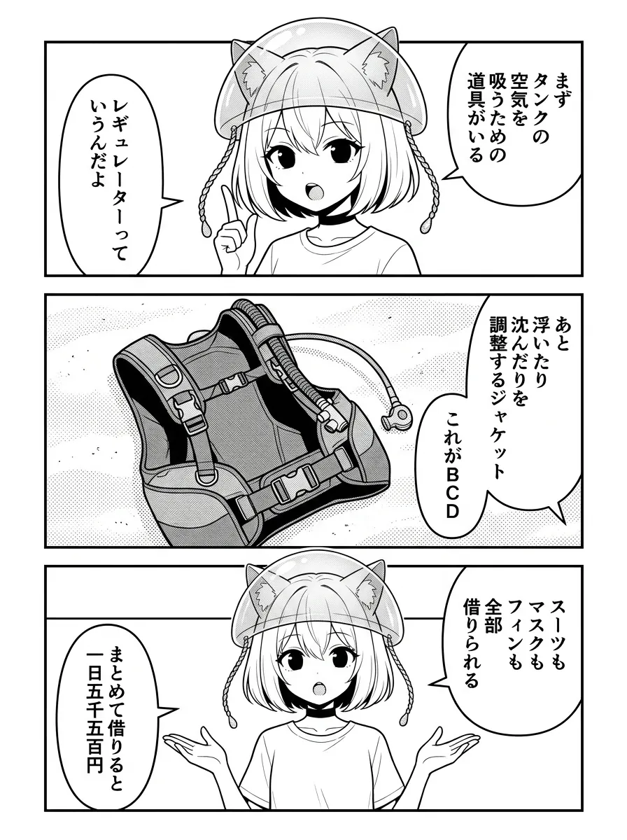 タンクの空気を吸うレギュレーター、浮き沈みを調整するジャケット＝BCD。スーツもマスクもフィンも、まとめて借りて1日5,500円