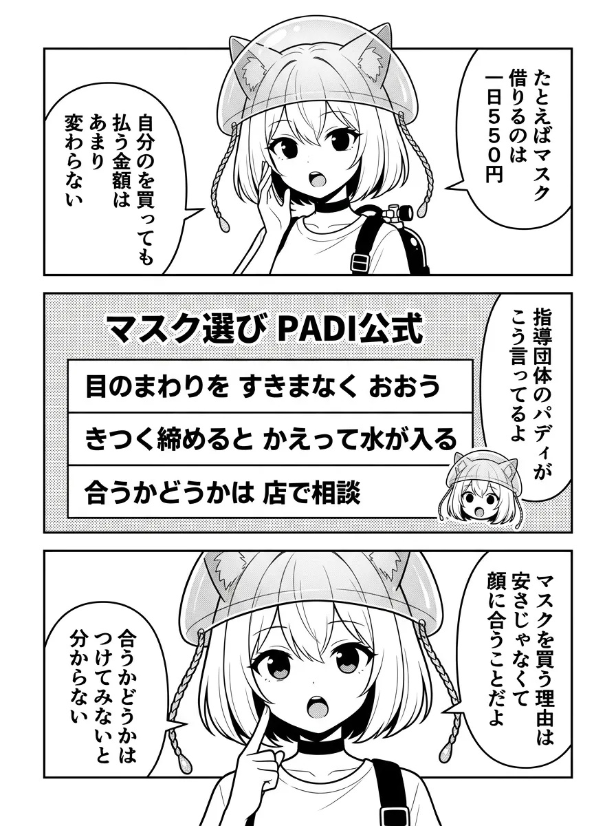マスクを借りるのは1日550円。買う理由は安さではなく顔に合うこと。PADI公式のマスク選びの目安を図解
