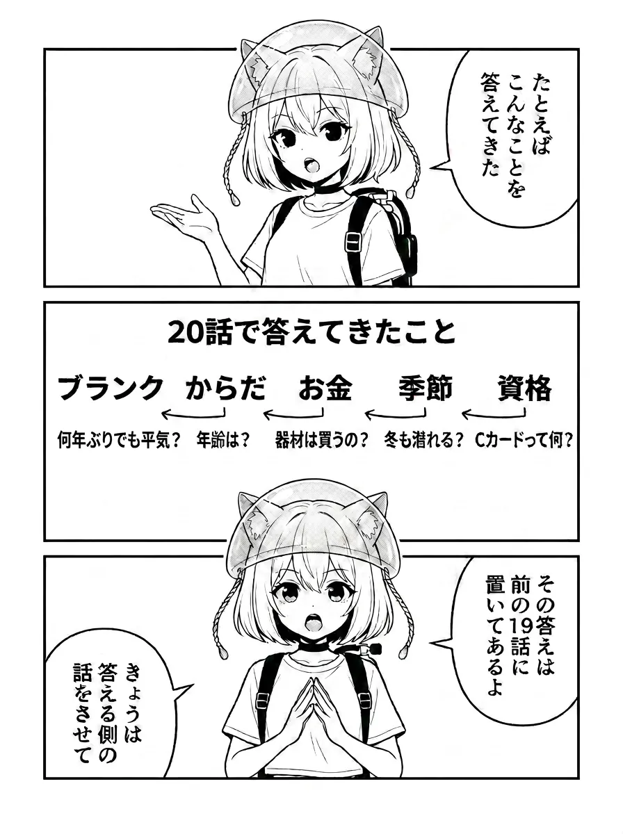 うちのサイトに新しいボタンができたんだ。図解：紺色のカード「AIに相談する」と丸いボタン3つ。ボタンは3つ、自分が使ってるAIのを押してね。ダイビングが自分に合うか相談できる、お店に聞く前のワンクッションだね