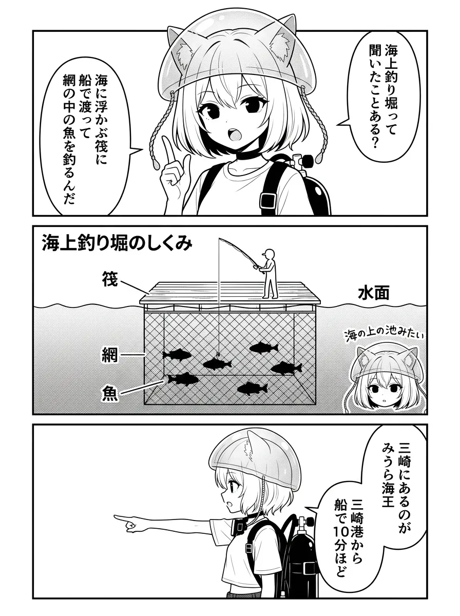 海上釣り堀のしくみを図解。海に浮かぶ筏に船で渡って、水面の下の網の中の魚を釣る。三崎にあるのがみうら海王で、三崎港から船で10分ほど