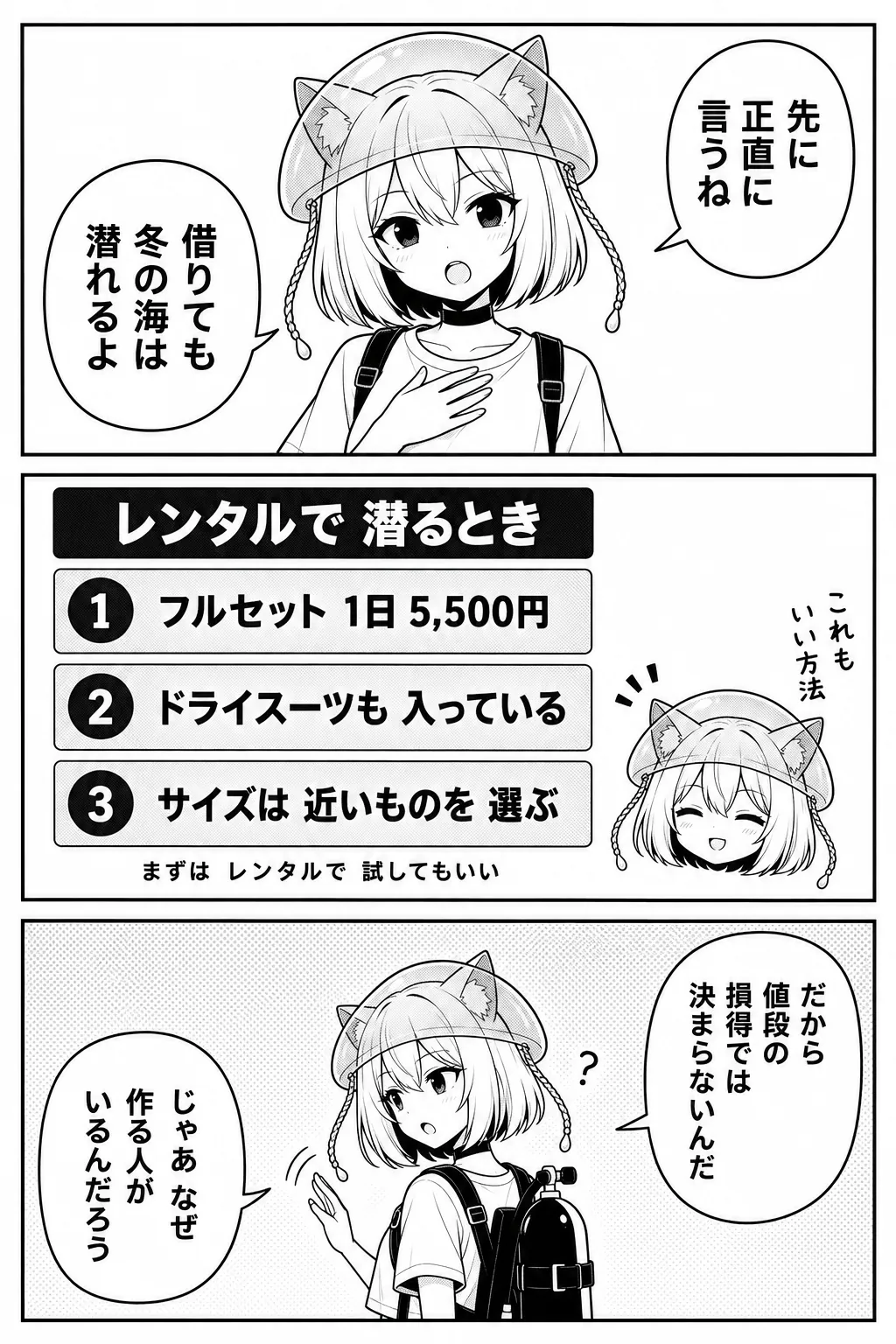 先に正直に言うね。借りても冬の海は潜れるよ。図解「レンタルで潜るとき」：フルセット1日5,500円・ドライスーツも入っている・サイズは近いものを選ぶ——まずはレンタルで試してもいい。だから値段の損得では決まらないんだ。じゃあなぜ作る人がいるんだろう