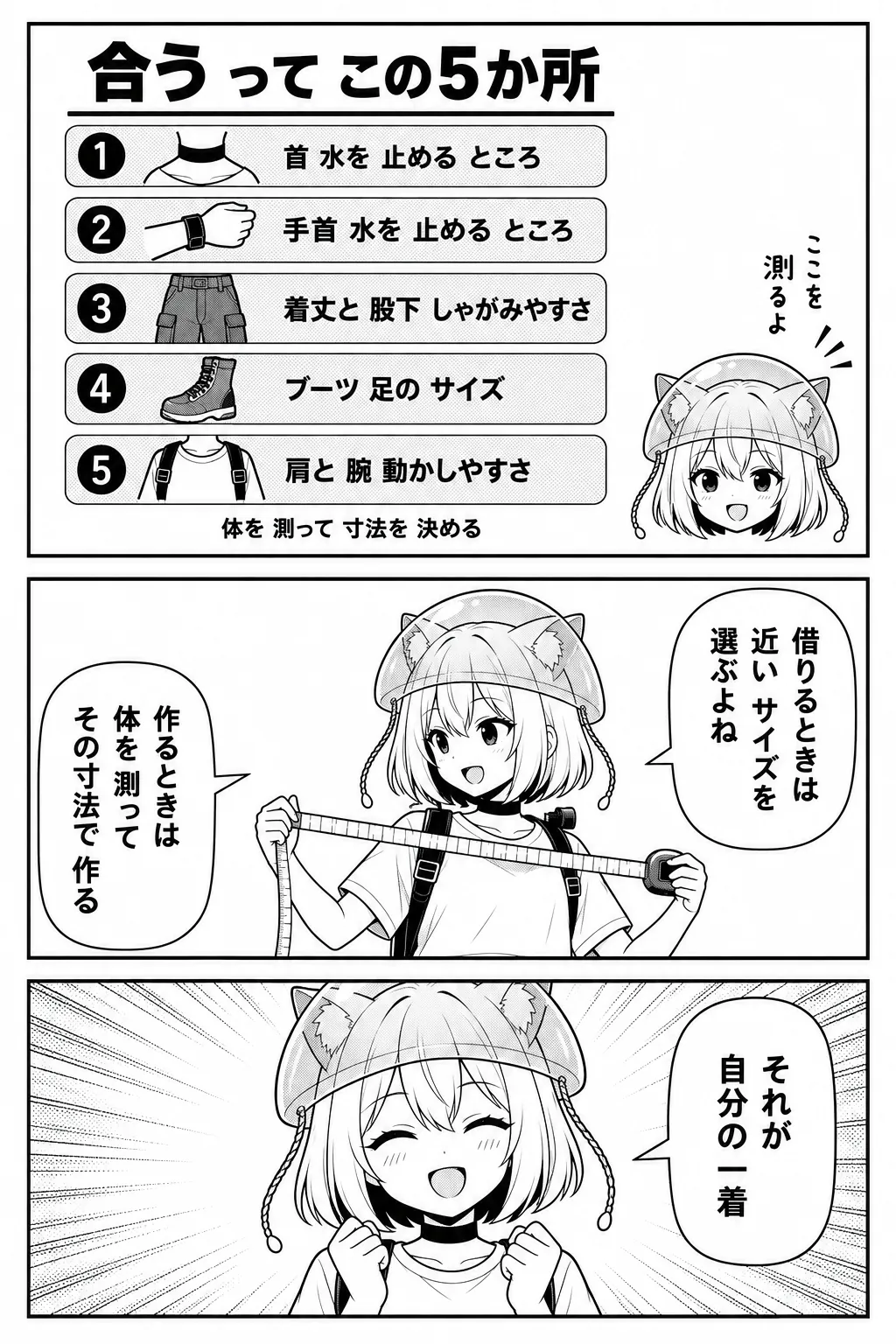 図解「合うって、この5か所」：首（水を止めるところ）・手首（水を止めるところ）・着丈と股下（しゃがみやすさ）・ブーツ（足のサイズ）・肩と腕（動かしやすさ）——体を測って寸法を決める。借りるときは近いサイズを選ぶよね。作るときは体を測ってその寸法で作る。それが自分の一着