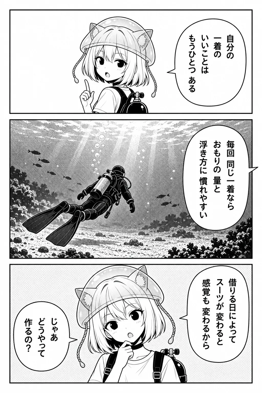 自分の一着のいいことは、もうひとつある。冬の海の砂地の上に、ぴたりと浮いて進むドライスーツのダイバー。毎回同じ一着なら、おもりの量と浮き方に慣れやすい。借りる日によってスーツが変わると、感覚も変わるから。じゃあ、どうやって作るの？