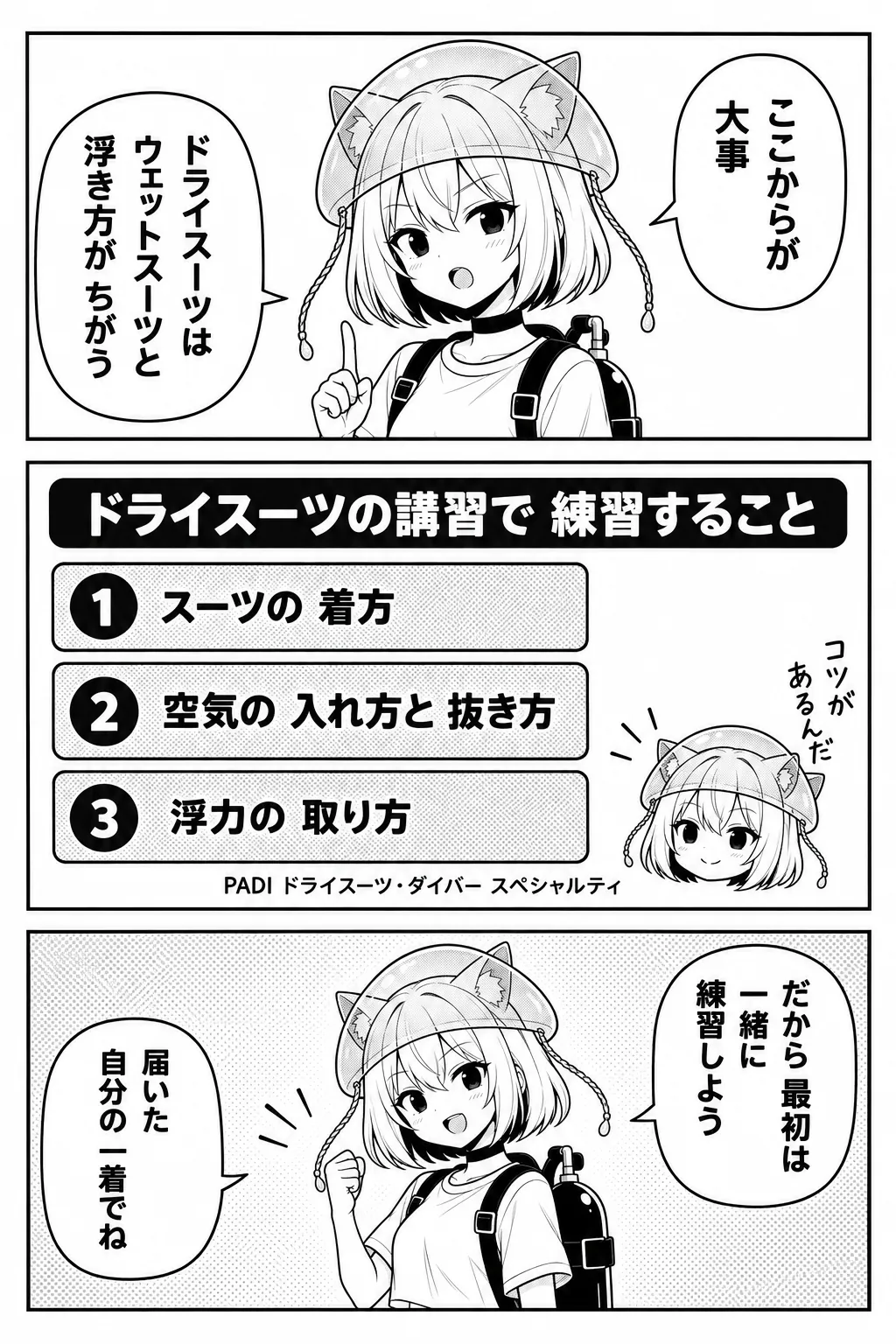 ここからが大事。ドライスーツはウェットスーツと浮き方がちがう。図解「ドライスーツの講習で練習すること」：スーツの着方・空気の入れ方と抜き方・浮力の取り方（PADIドライスーツ・ダイバー スペシャルティ）。だから最初は一緒に練習しよう。届いた自分の一着でね