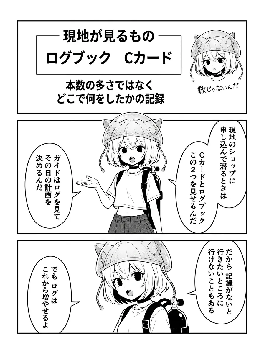 現地が見るものを図解。Cカードとログブックの2つで、本数の多さではなくどこで何をしたかの記録。ログはこれから増やせる
