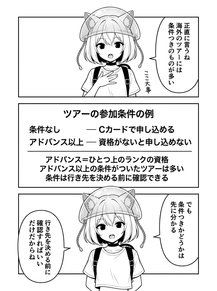 ツアーの参加条件の例を図解。条件なしはCカードで申し込めるが、アドバンス以上の条件がついたツアーは多い。条件は行き先を決める前に確認できる