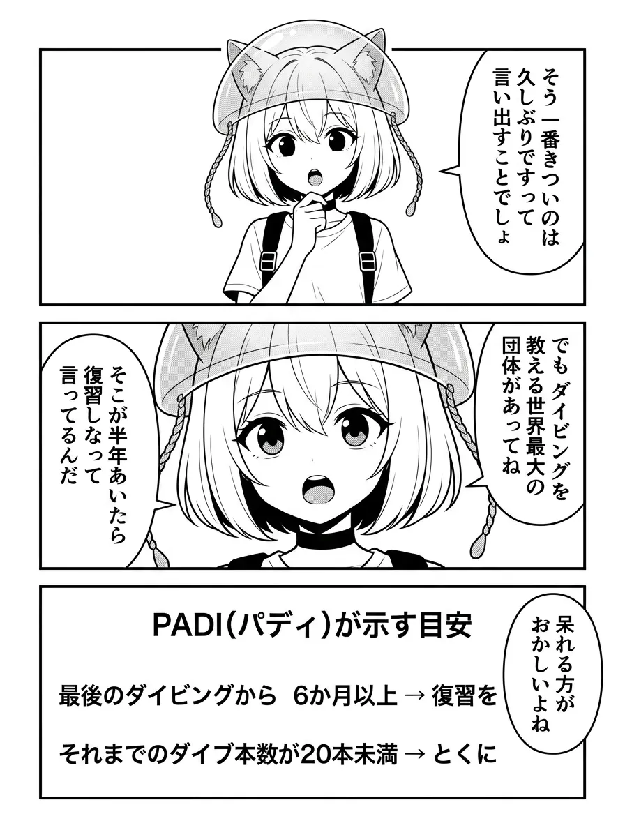 PADIは6か月以上空いたら復習を推奨していて、本数が少ない人は特に、という図解