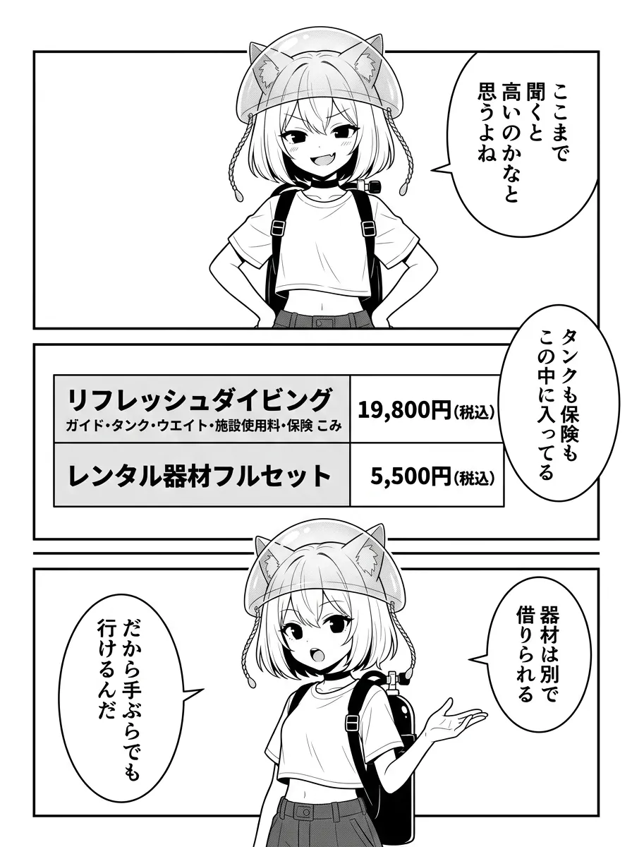費用は19,800円。ふだんのボート2本と同額で、器材は別に借りられるので手ぶらで行ける