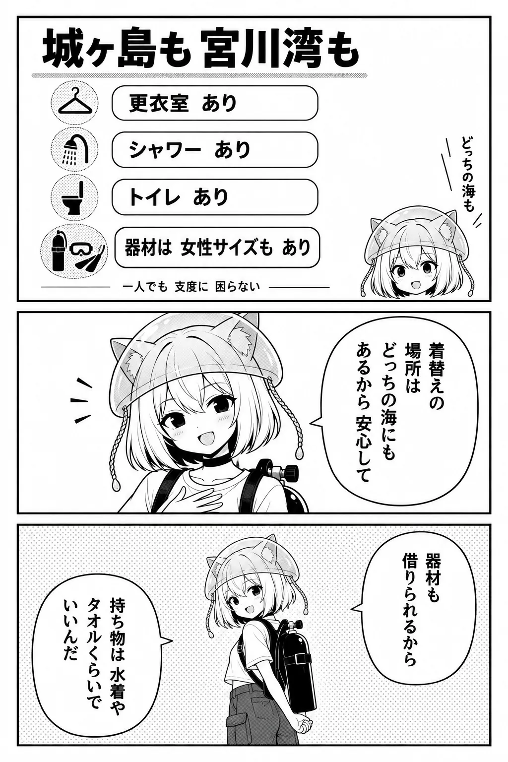 図解「城ヶ島も宮川湾も」：更衣室あり・シャワーあり・トイレあり・器材は女性サイズもあり——一人でも支度に困らない。着替えの場所はどっちの海にもあるから安心して。器材も借りられるから、持ち物は水着やタオルくらいでいいんだ
