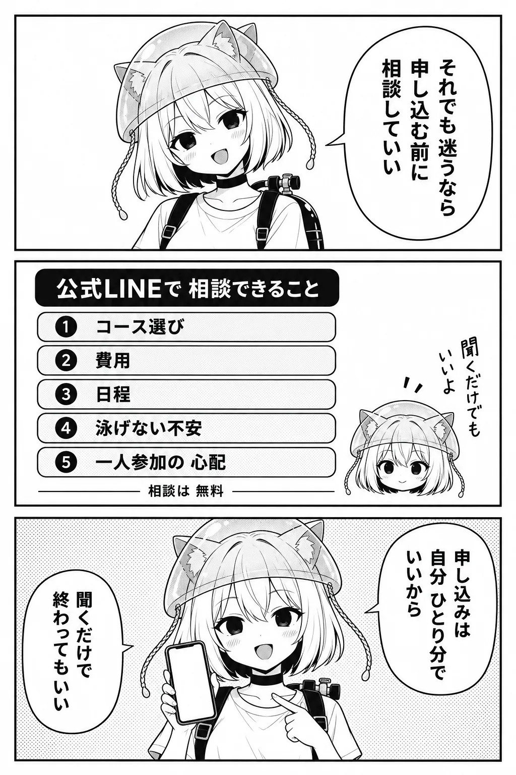 それでも迷うなら、申し込む前に相談していい。図解「公式LINEで相談できること」：コース選び・費用・日程・泳げない不安・一人参加の心配——相談は無料。聞くだけでもいいよ。申し込みは自分ひとり分でいいから。聞くだけで終わってもいい