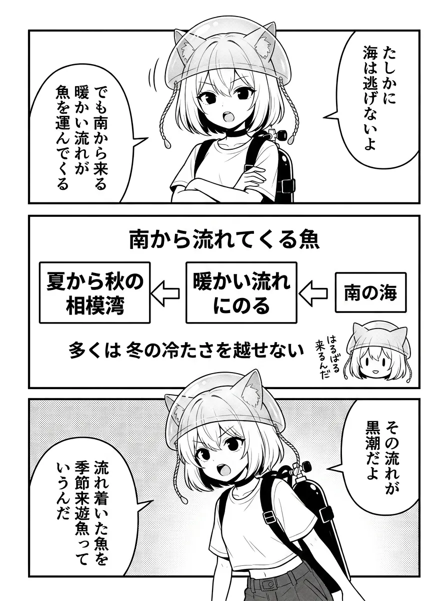 南から流れてくる魚を図解。南の海から暖かい流れにのって夏から秋の相模湾へ。多くは冬の冷たさを越せない