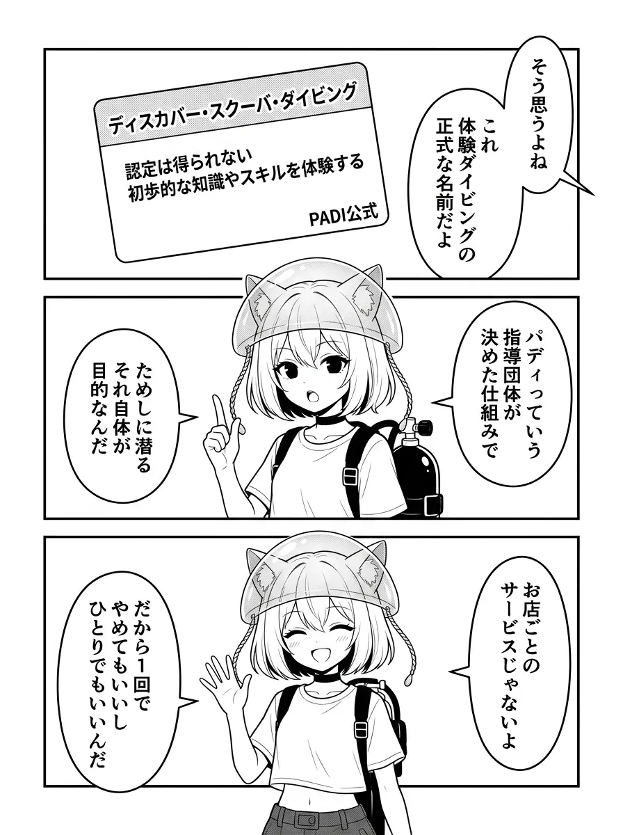 体験ダイビングの正式名称はディスカバー・スクーバ・ダイビング。ためしに潜ること自体が目的の、PADIが決めた仕組み