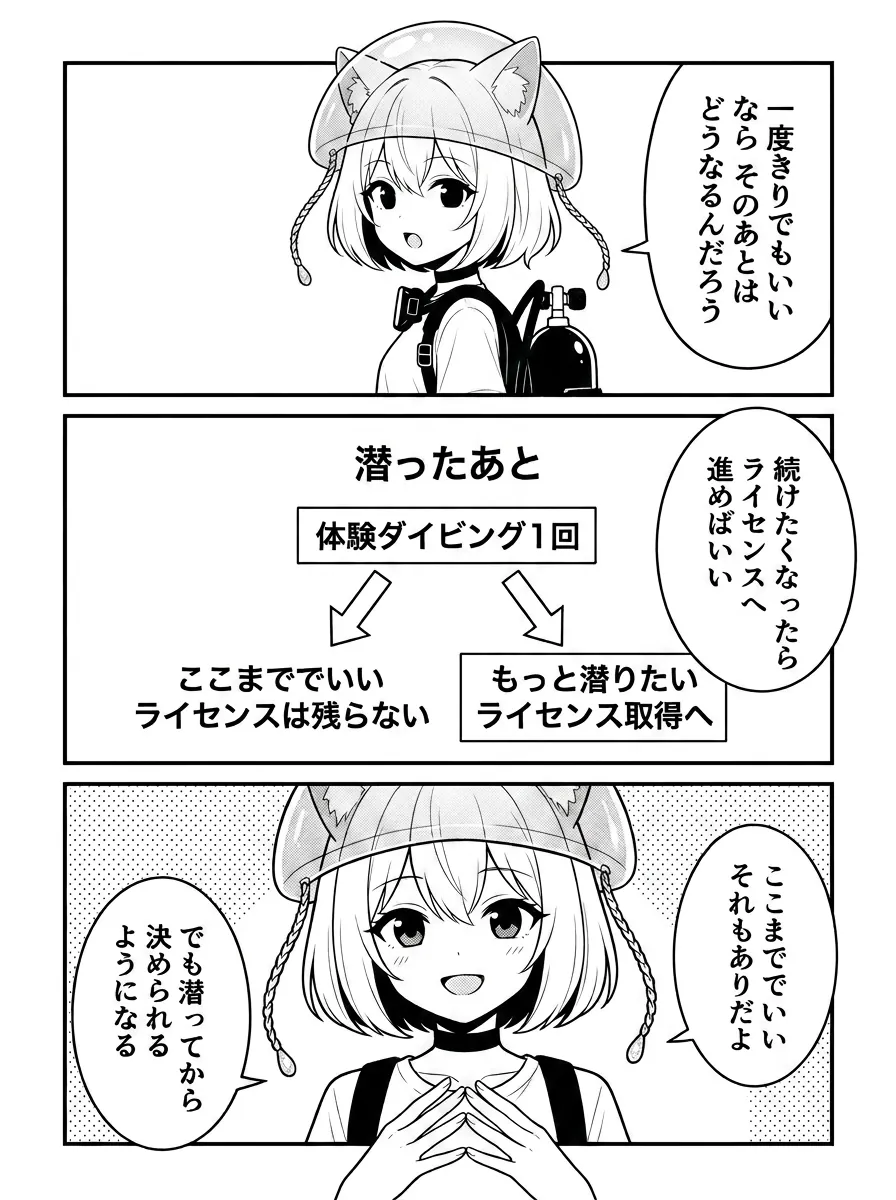 潜ったあとは2つに分かれる。続けたくなったらライセンス取得へ、ここまででいいならそれもあり