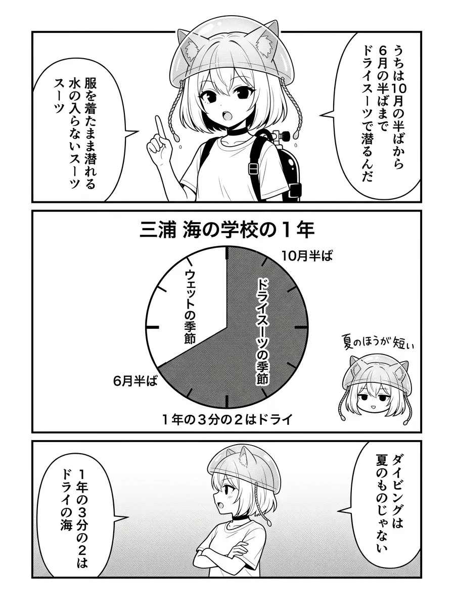 三浦 海の学校は10月の半ばから6月の半ばまでドライスーツで潜る。服を着たまま潜れる、水の入らないスーツ。図解は1年の輪——ドライスーツの季節が3分の2、ウェットの季節が3分の1。ダイビングは夏のものじゃない