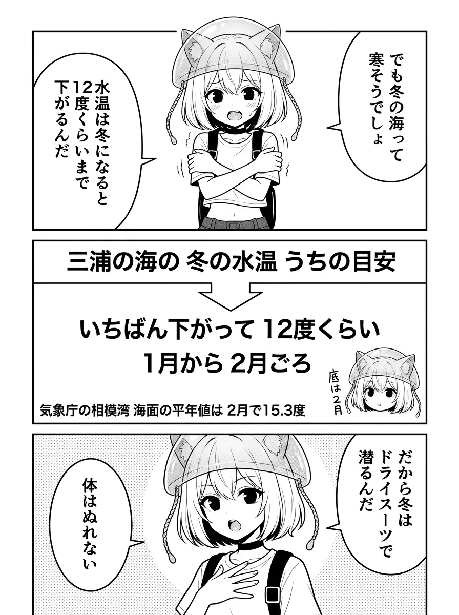 でも冬の海って寒そうでしょ。水温は冬になると12度くらいまで下がる。図解は三浦の海の冬の水温（うちの目安）：いちばん下がって12度くらい、1月から2月ごろ。気象庁の相模湾・海面の平年値は2月で15.3度。底は2月。だから冬はドライスーツで潜る。体はぬれない