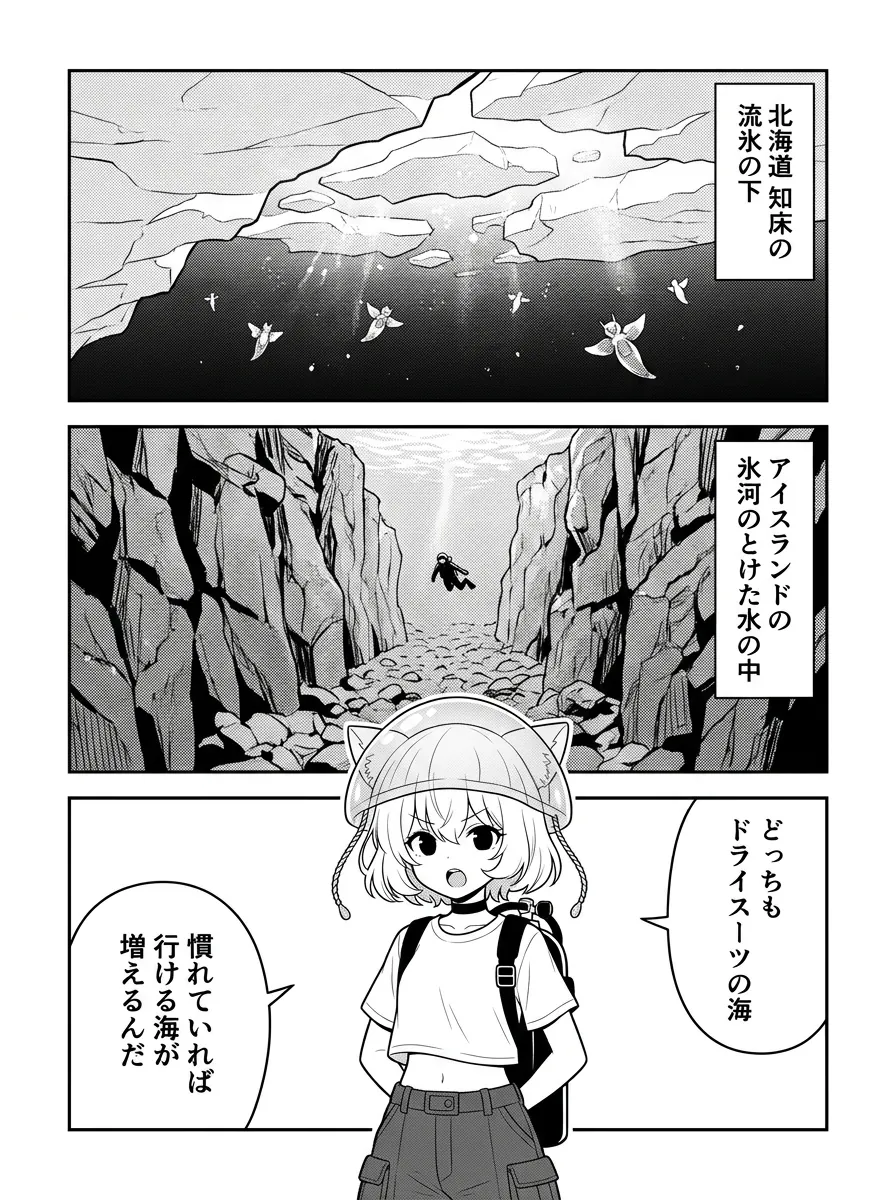 北海道・知床の流氷の下、アイスランドの氷河のとけた水の中。どっちもドライスーツの海。慣れていれば行ける海が増える