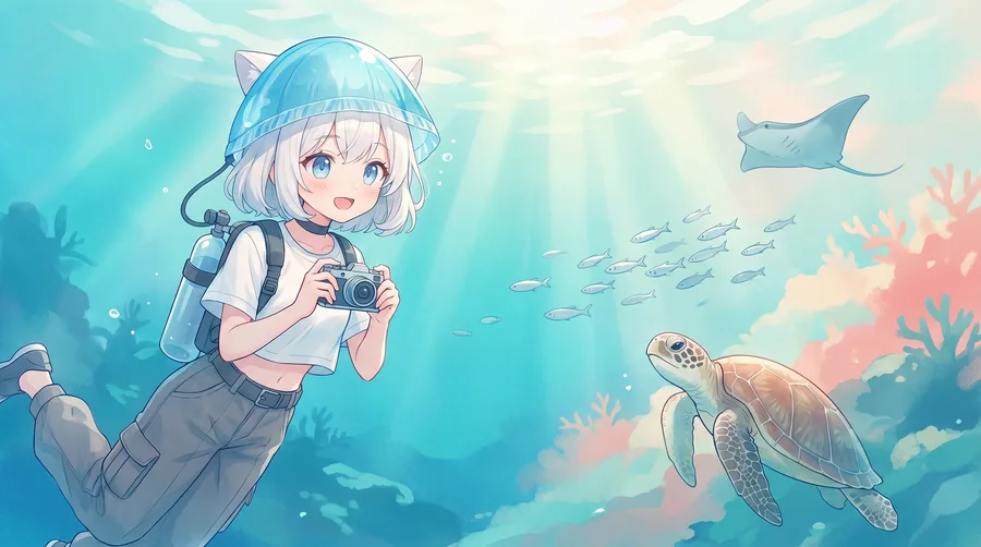 ライセンス取得後に水中カメラや魚の群れ、ウミガメとの出会いを楽しむイラスト