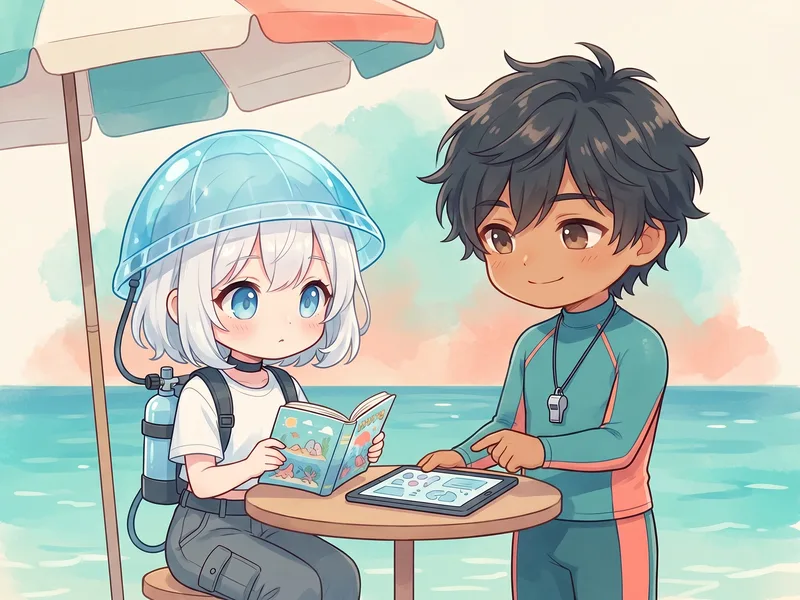 海辺でインストラクターとやさしく学科講習を受けるイラスト