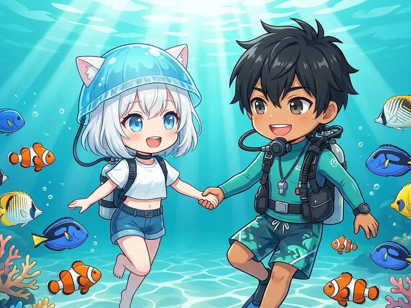 三浦の海でインストラクターと一緒に色とりどりの魚を見ながら泳ぐファンダイビングのイラスト