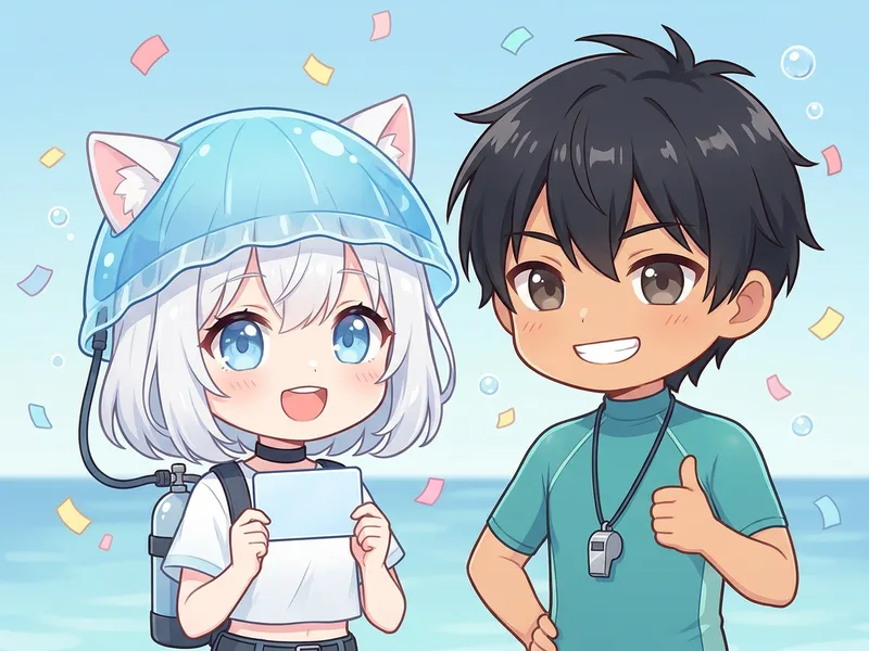 Cカード取得を祝うクラゲ女子とインストラクターのイラスト