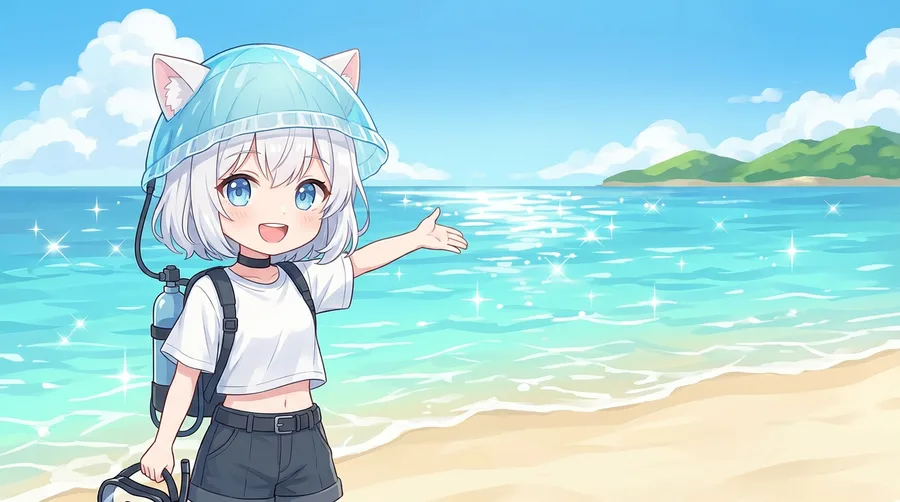 夏の三浦の海へ誘うクラゲ女子のイラスト